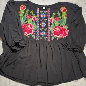 Savanna Jane Black Peasant Blouse with Red Floral & Green Cactus Embroidery